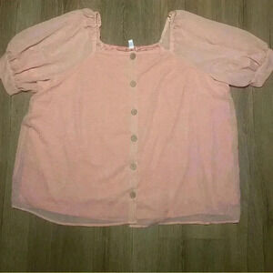Lauren Conrad Chiffon Blouse Size 2XL Peach Puffy Sleeves Faux Wood Buttons